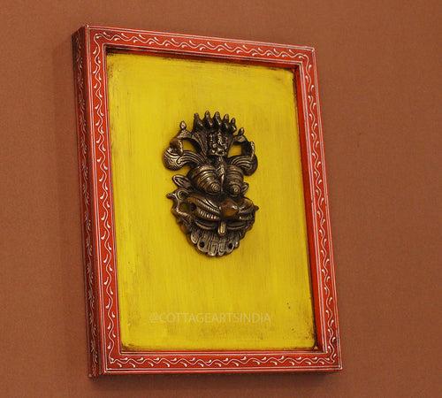 Brass Kirti Mukha Wall Mask Wooden Frame