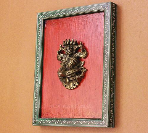 Brass Kirti Mukha Wall Mask Wooden Frame