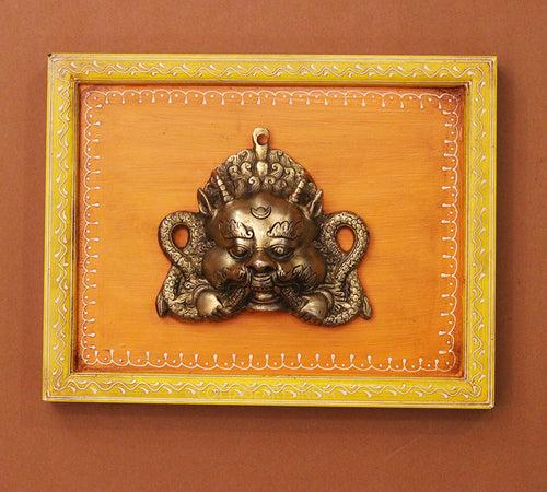 Brass Bhairav Wall Mask Wooden Frame