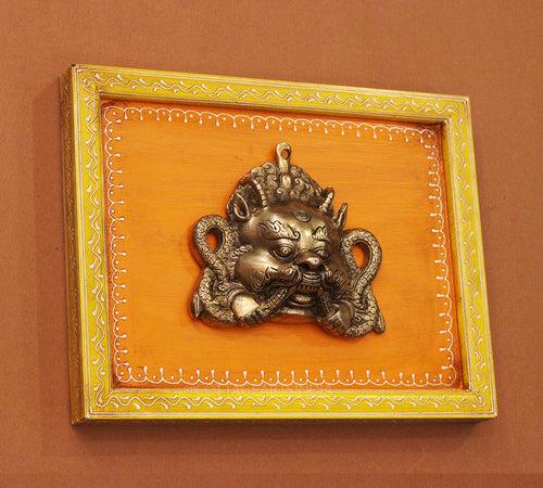 Brass Bhairav Wall Mask Wooden Frame