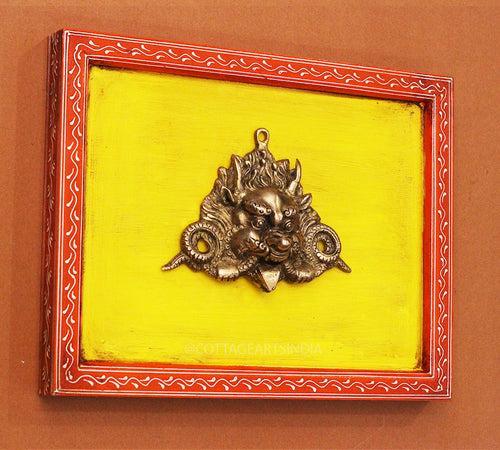 Brass Bhairav Wall Mask Wooden Frame