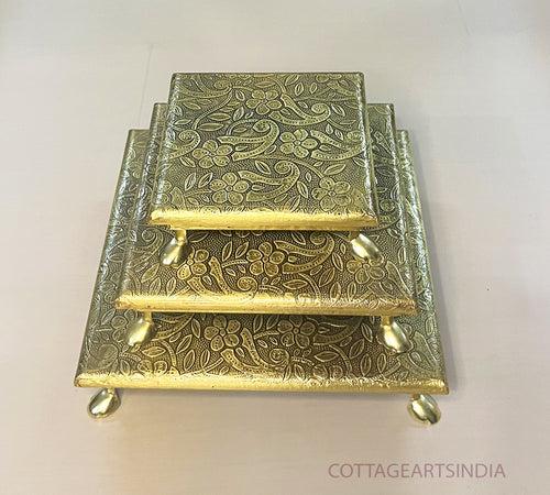 Wood/Brass Chowki Table Set of 3