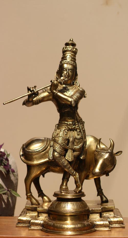 Idol of Brass krishna and Cow Statue 25.5"