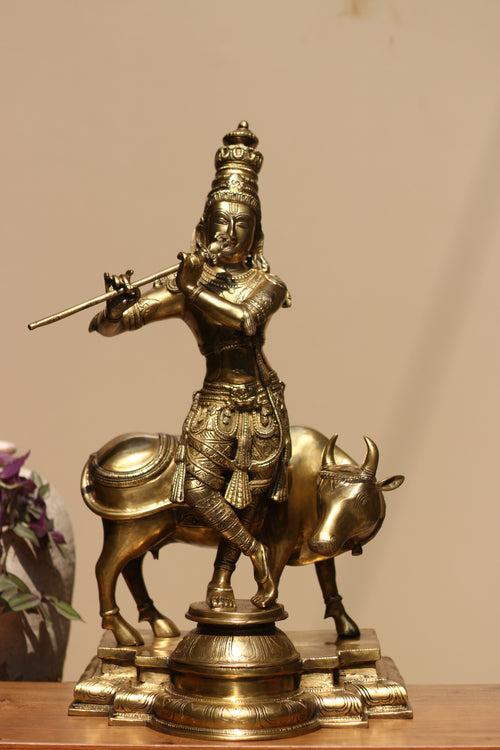 Idol of Brass krishna and Cow Statue 25.5"