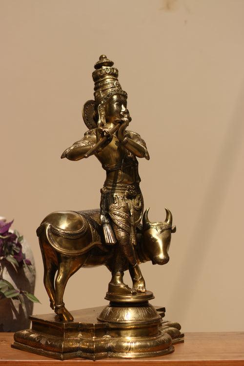 Idol of Brass krishna and Cow Statue 25.5"