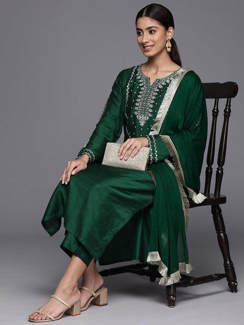 Varanga Women Round Neck Sequinned & Zari Kurta & Trouser With Fringed Detail Dupatta