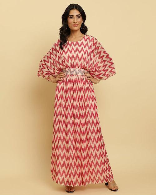 Varanga Women Peach And Magenta Chevron Printed A Line Dress