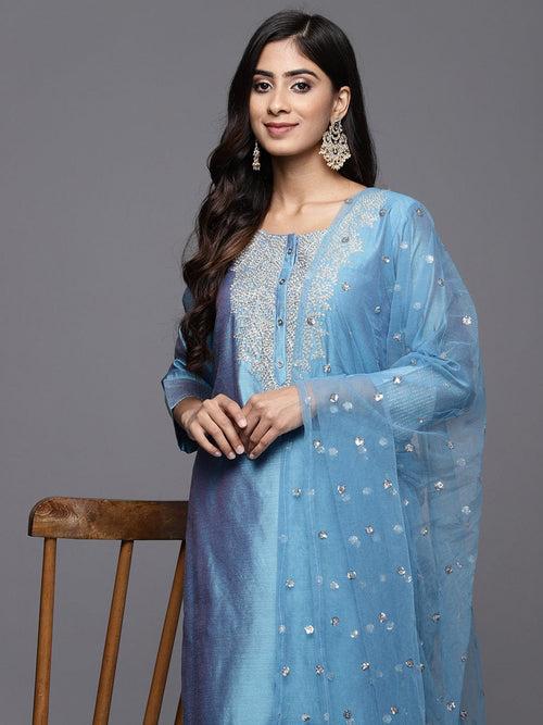 Varanga Women Blue Floral Embroidered Regular Chanderi Silk Kurta with Trousers & With Dupatta