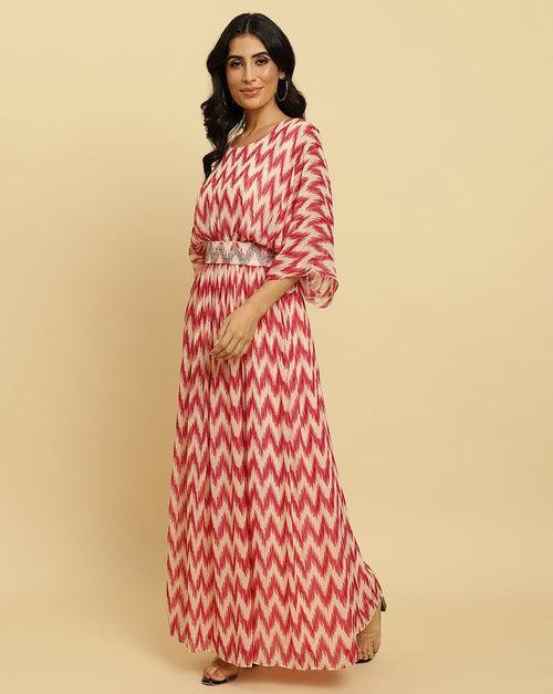 Varanga Women Peach And Magenta Chevron Printed A Line Dress