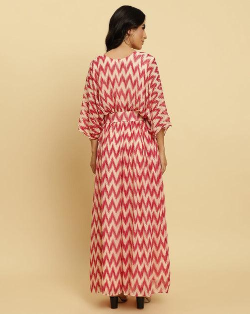 Varanga Women Peach And Magenta Chevron Printed A Line Dress