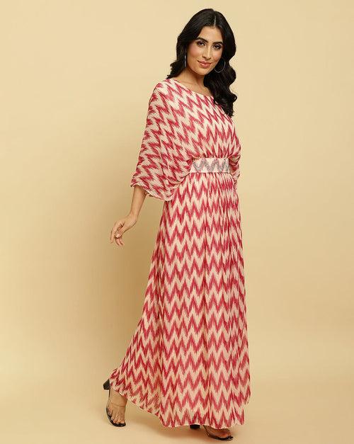 Varanga Women Peach And Magenta Chevron Printed A Line Dress