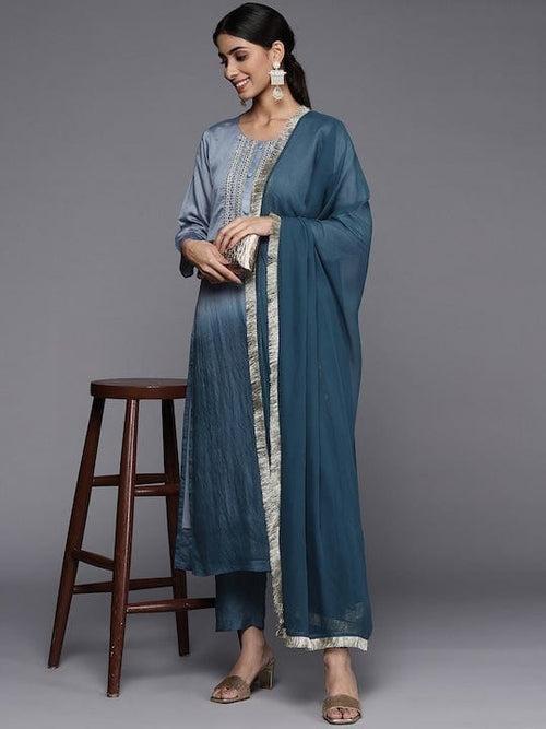 Varanga Women Grey Yoke Design Sequinned Kurta with Trousers & With Dupatta