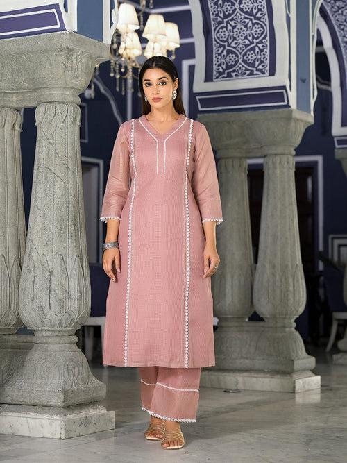 Varanga Women Mauve Kota Check Cotton Lace Kurta With Bottom And Dupatta