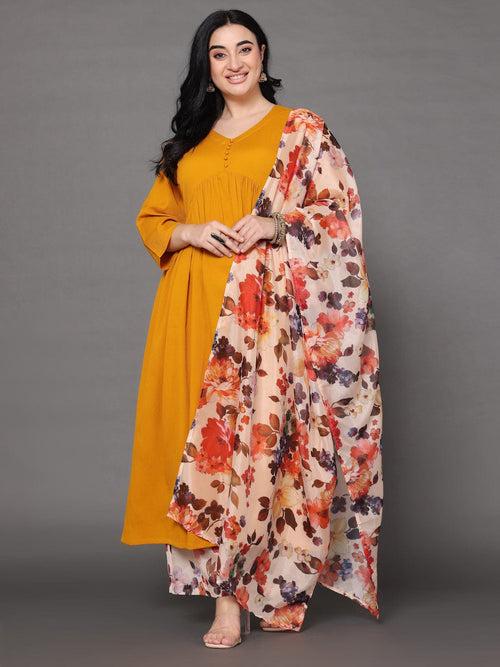 Varanga Women Plus Size Mustard Empire Gathered Details Anarkali Kurta Paired With Printed Bottom And Dupatta