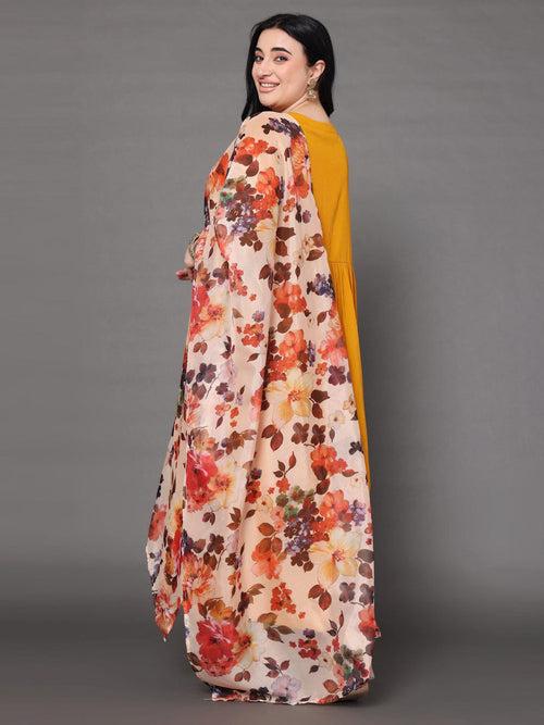 Varanga Women Plus Size Mustard Empire Gathered Details Anarkali Kurta Paired With Printed Bottom And Dupatta