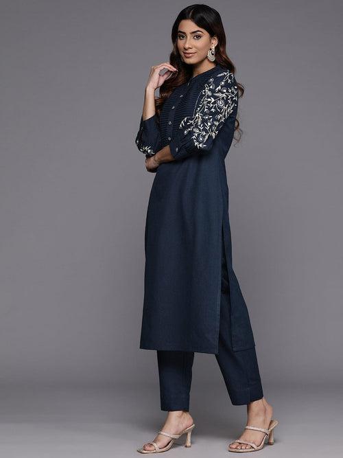 Varanga Women Blue Embroidered Kurta With Bottom