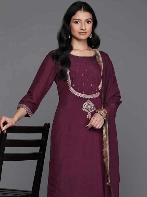 Varanga Women Purple Yoke Design Kurta With Three Quarter Sleeves Embroidered Hem Paired With Tonal Bottom And Fringed Dupatta