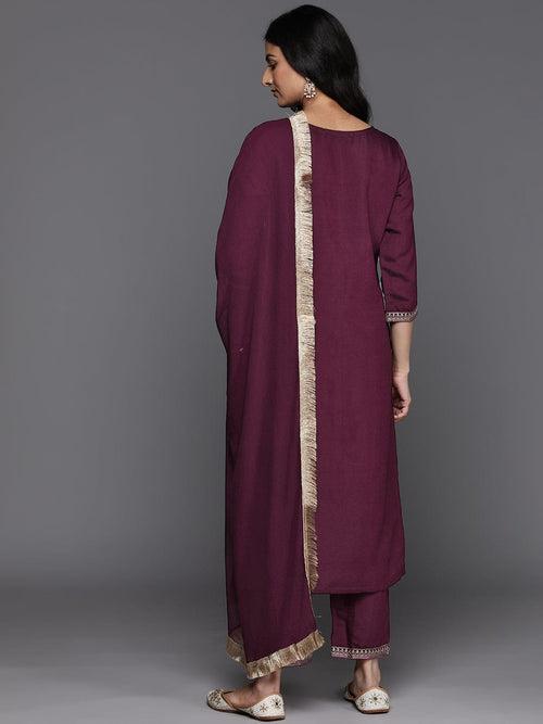 Varanga Women Purple Yoke Design Kurta With Three Quarter Sleeves Embroidered Hem Paired With Tonal Bottom And Fringed Dupatta