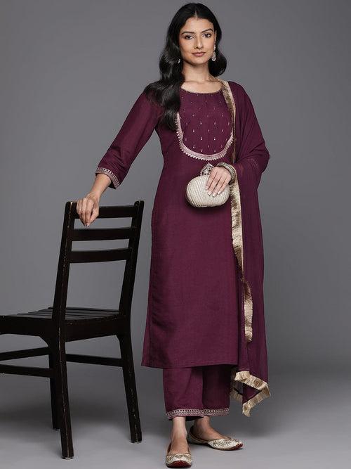 Varanga Women Purple Yoke Design Kurta With Three Quarter Sleeves Embroidered Hem Paired With Tonal Bottom And Fringed Dupatta