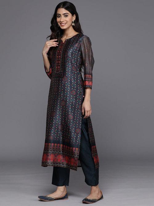 Varanga Women Navy Blue Chanderi Printed Embellished With Sequin Work Straight Kurta Paired With Tonal Bottom And Printed Dupatta.