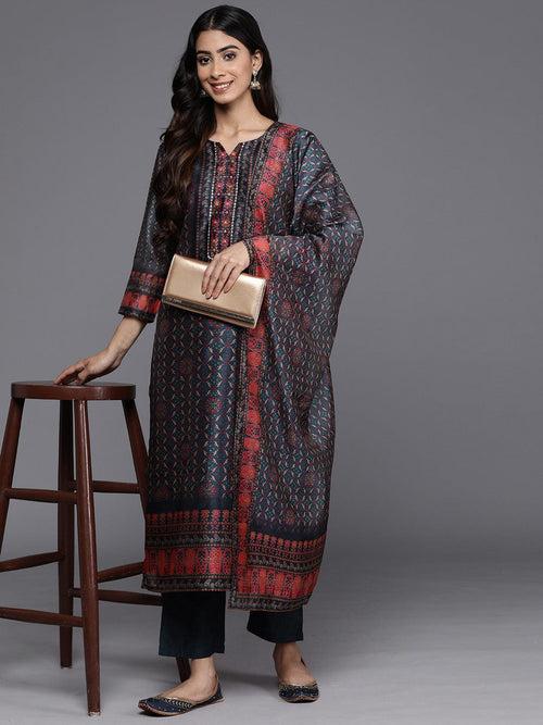 Varanga Women Navy Blue Chanderi Printed Embellished With Sequin Work Straight Kurta Paired With Tonal Bottom And Printed Dupatta.