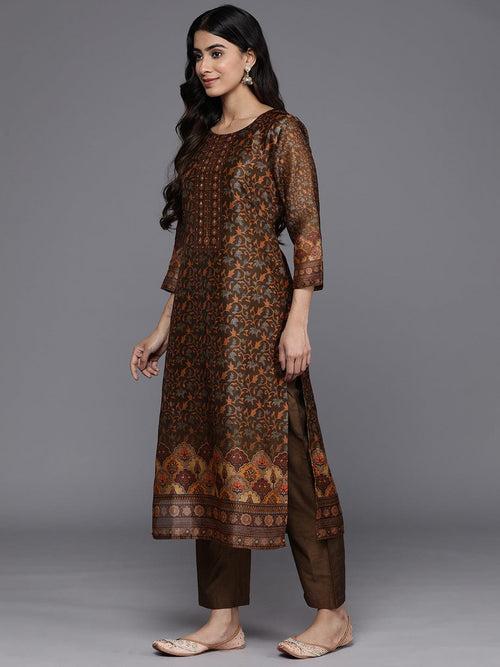 Varanga Women Brown Ethnic Motif Placket Embroidered Straight Kurta Paired With Tonal Solid Bottom And Printed Dupatta