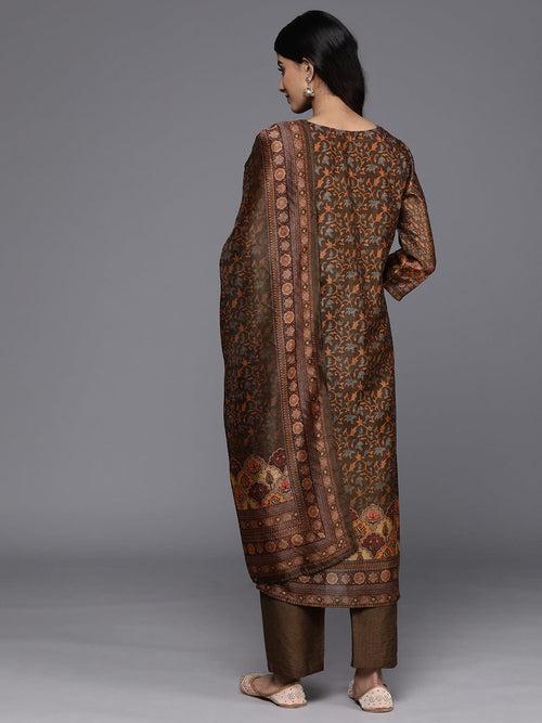 Varanga Women Brown Ethnic Motif Placket Embroidered Straight Kurta Paired With Tonal Solid Bottom And Printed Dupatta