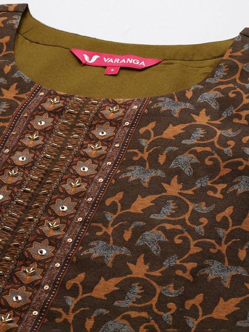 Varanga Women Brown Ethnic Motif Placket Embroidered Straight Kurta Paired With Tonal Solid Bottom And Printed Dupatta