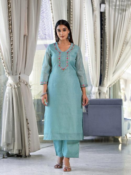 Varanga Women Sea Green Kota Check Thread Embroidered Kurta With Bottom And Dupatta