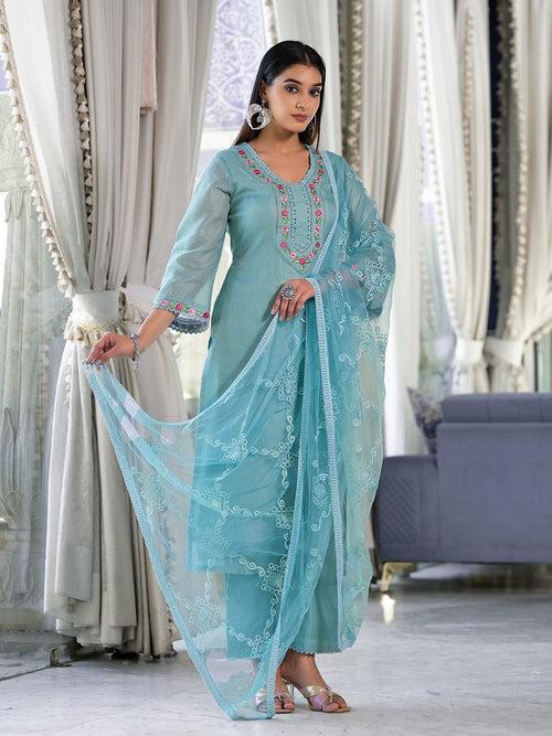 Varanga Women Sea Green Kota Check Thread Embroidered Kurta With Bottom And Dupatta