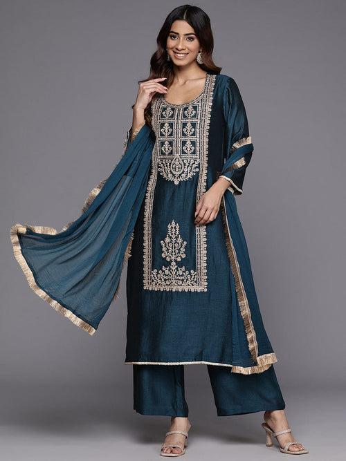 Varanga Women Teal Round Neck With Heavy Zari Embroidered Kurta With Bottom And Dupatta