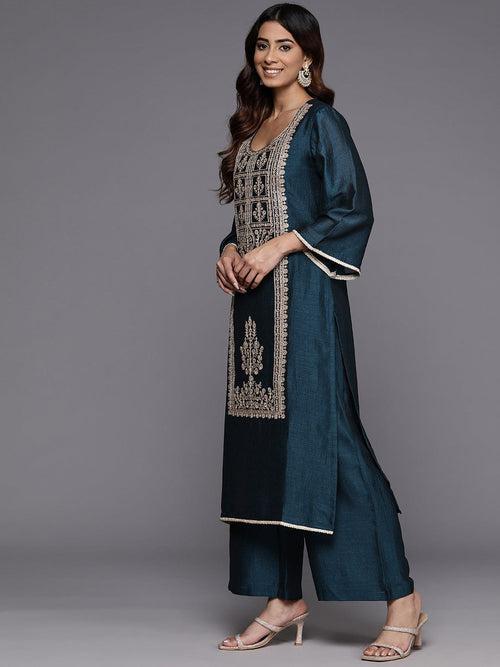 Varanga Women Teal Round Neck With Heavy Zari Embroidered Kurta With Bottom And Dupatta