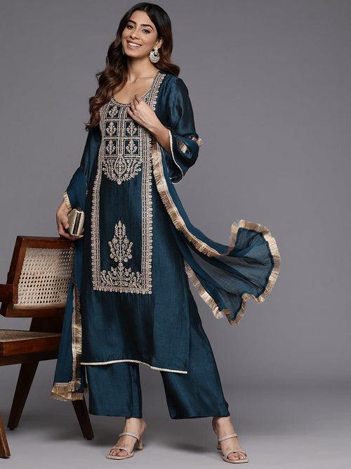 Varanga Women Teal Round Neck With Heavy Zari Embroidered Kurta With Bottom And Dupatta