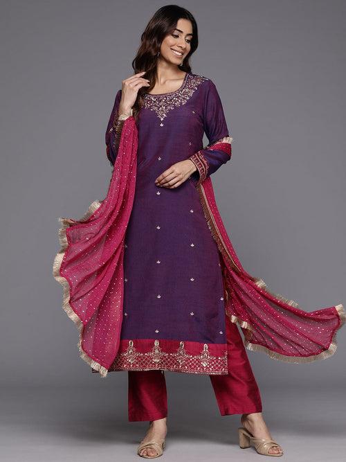 Varanga Women Purple Placement Design Embroidered Straight Kurta Paired With Contrast Bottom And Chiffon Dotted Dupatta With Four Side Fringes