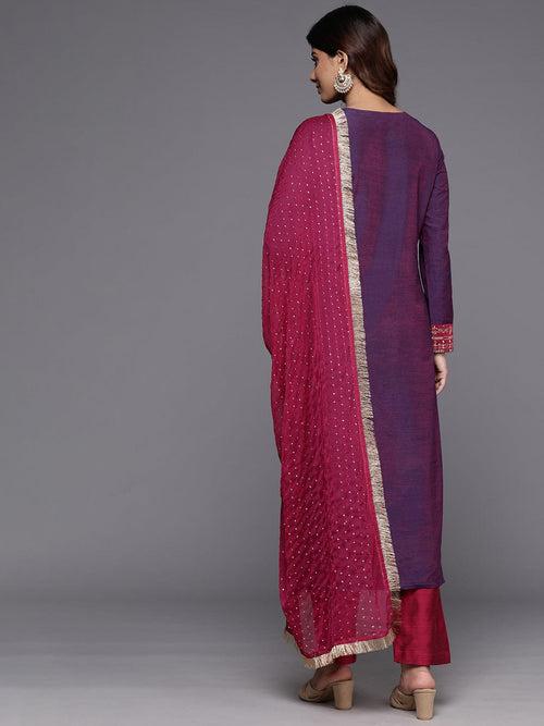 Varanga Women Purple Placement Design Embroidered Straight Kurta Paired With Contrast Bottom And Chiffon Dotted Dupatta With Four Side Fringes