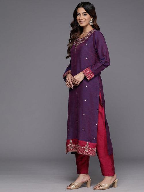 Varanga Women Purple Placement Design Embroidered Straight Kurta Paired With Contrast Bottom And Chiffon Dotted Dupatta With Four Side Fringes