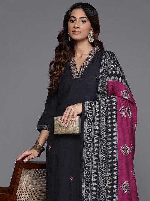 Varanga Women Navy Blue Beads, Zari And Thread Embroidered Kurta With Bottom And Dupatta