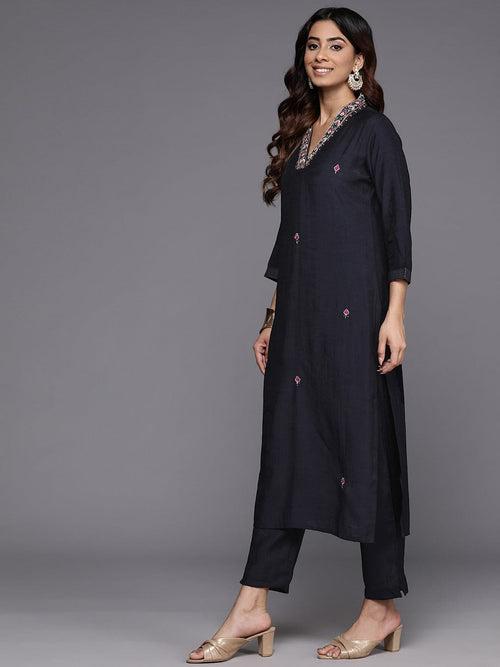 Varanga Women Navy Blue Beads, Zari And Thread Embroidered Kurta With Bottom And Dupatta