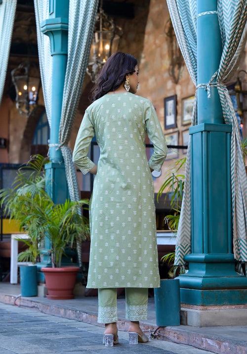 Varanga Women Green Rubber Printed, Embellished Straight Kurta Paired With Bottom And Dupatta