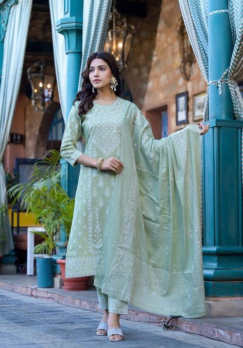 Varanga Women Green Rubber Printed, Embellished Straight Kurta Paired With Bottom And Dupatta