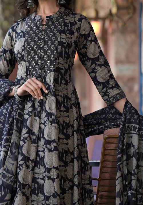 Varanga Women Black Mandarin Collar Embellished Yoke Three-Quarter Sleeves Paired With Printed Bottom And Dupatta