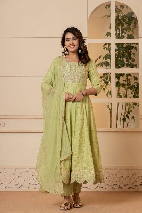 Varanga Women Lime Green Mirror And Thread Embroidered,Gotta Embellished Scalloped Schiffli Anarkali Kurta Paired Wirh Printed Bottom And Embroidered Dupatta