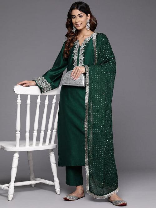 Varanga Women Green Round Neck With Embroidered Kurta , Full Sleeves , Straight Kurta With Side Slits, Paired With Tonal Bottom And Dupatta.