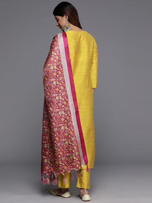 Varanga Women Yellow Straight Emroidered Kurta With Printed Bottom