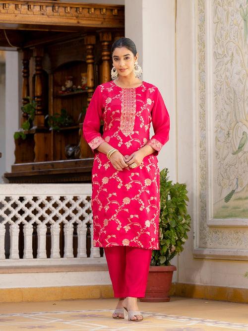 Varanga Women Round Neck Woven Design Kurta Paired With Bottom And Dupatta