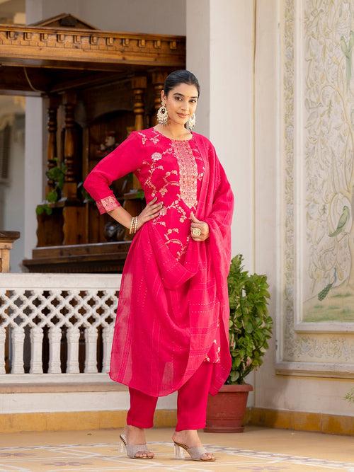 Varanga Women Round Neck Woven Design Kurta Paired With Bottom And Dupatta