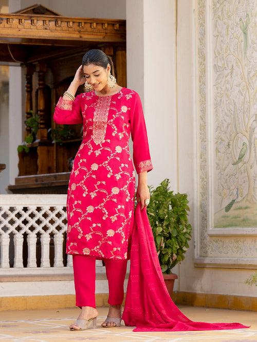 Varanga Women Round Neck Woven Design Kurta Paired With Bottom And Dupatta