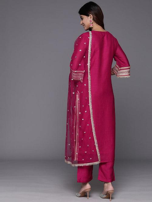 Varanga Women Maroon V Neck Lace Embellished Kurta With Bottom And Dupatta