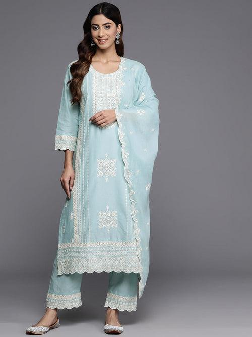 Varanga Women Blue Round Neck Thread Embroiderd Kurta Paired With Bottom And Scallop Dupatta