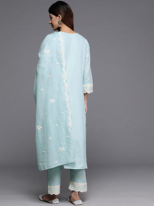 Varanga Women Blue Round Neck Thread Embroiderd Kurta Paired With Bottom And Scallop Dupatta